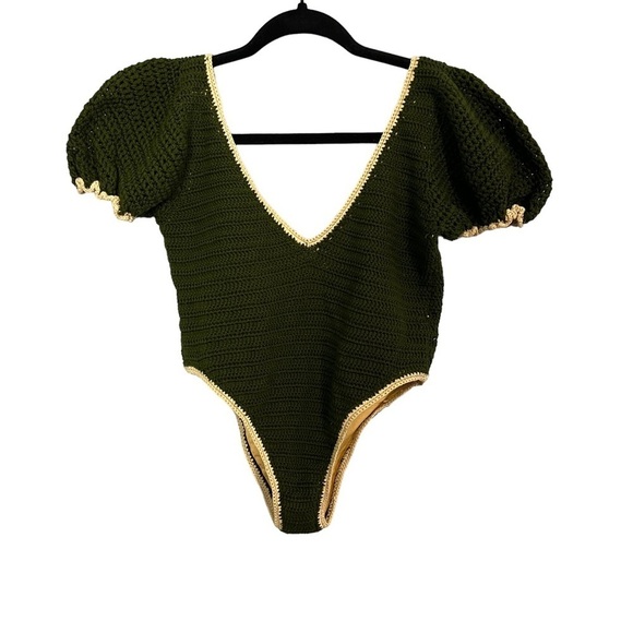 Olive Green Crochet One Piece Swimsuit - Picture 1 of 8